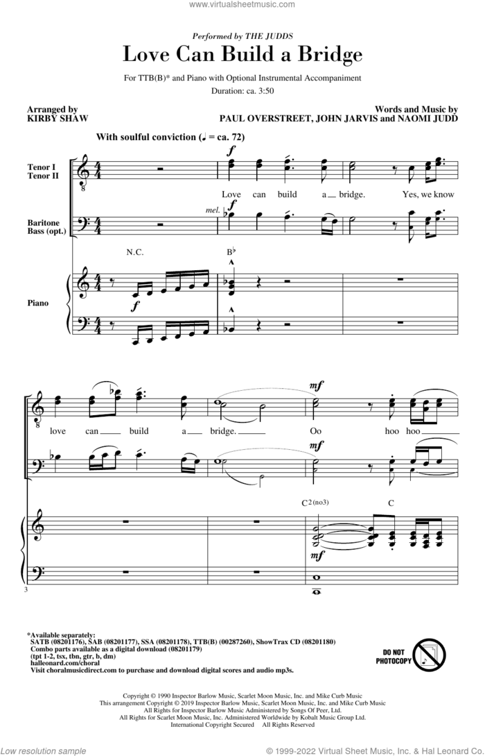 Love Can Build A Bridge (arr. Kirby Shaw) sheet music for choir (TTBB: tenor, bass) by The Judds, Kirby Shaw, John Jarvis, Naomi Judd and Paul Overstreet, intermediate skill level
