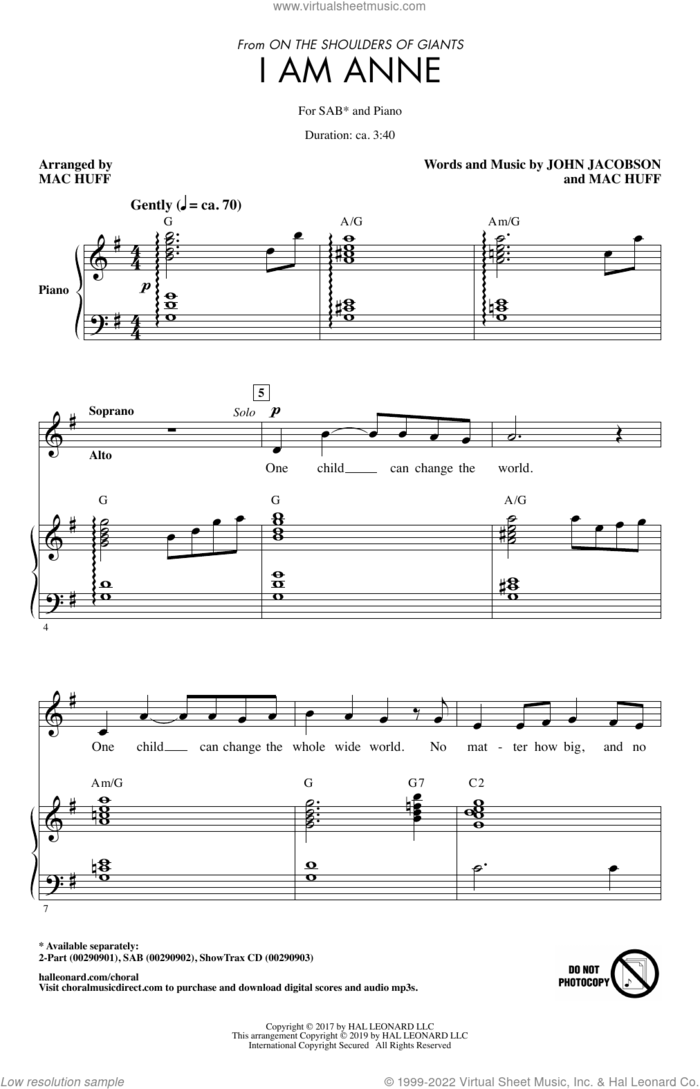 I Am Anne (from On The Shoulders Of Giants) (arr. Mac Huff) sheet music for choir (SAB: soprano, alto, bass) by Mac Huff and John Jacobson, intermediate skill level
