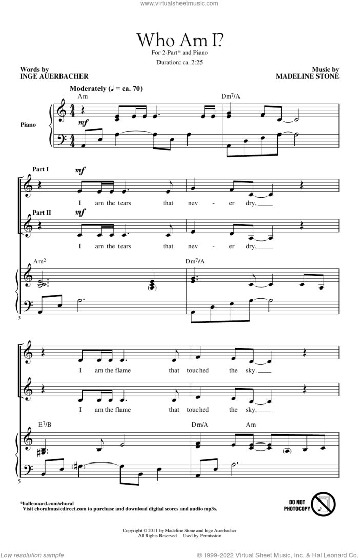 Who Am I? sheet music for choir (2-Part) by Madeline Stone and Inge Auerbacher, intermediate duet