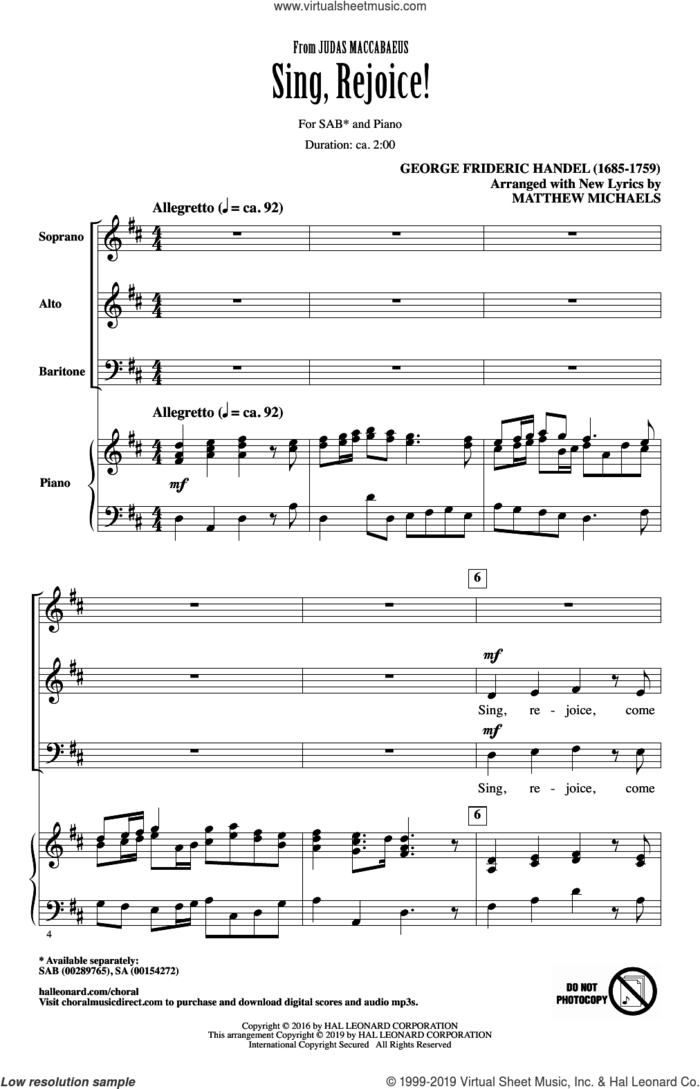 Sing, Rejoice! (from Judas Maccabaeus) sheet music for choir (SAB: soprano, alto, bass) by George Frideric Handel and Matthew Michaels, classical score, intermediate skill level