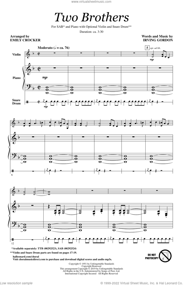 Two Brothers (arr. Emily Crocker) sheet music for choir (SAB: soprano, alto, bass) by Irving Gordon and Emily Crocker, intermediate skill level