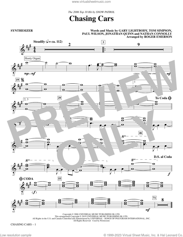 Chasing Cars (arr. Roger Emerson) (complete set of parts) sheet music for orchestra/band by Roger Emerson, Gary Lightbody, Jonathan Quinn, Nathan Connolly, Paul Wilson, Snow Patrol and Tom Simpson, intermediate skill level