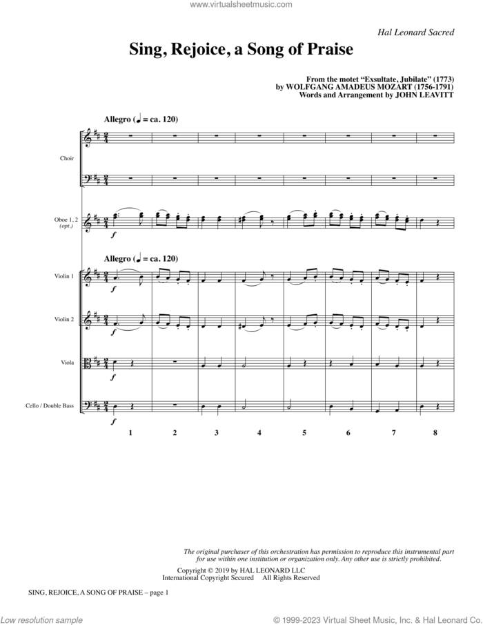 Sing, Rejoice A Song Of Praise (arr. John Leavitt) (COMPLETE) sheet music for orchestra/band by Wolfgang Amadeus Mozart and John Leavitt, classical score, intermediate skill level