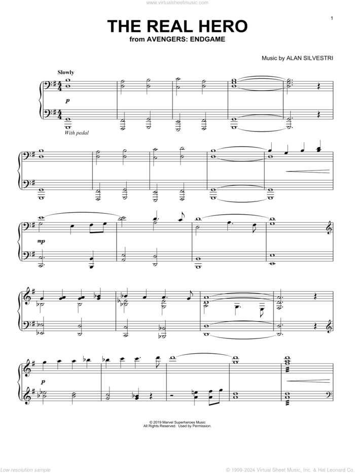 The Real Hero (from Avengers: Endgame) sheet music for piano solo by Alan Silvestri, intermediate skill level