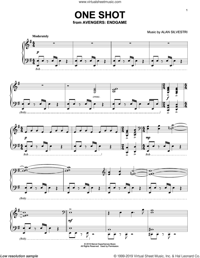 One Shot (from Avengers: Endgame) sheet music for piano solo by Alan Silvestri, intermediate skill level