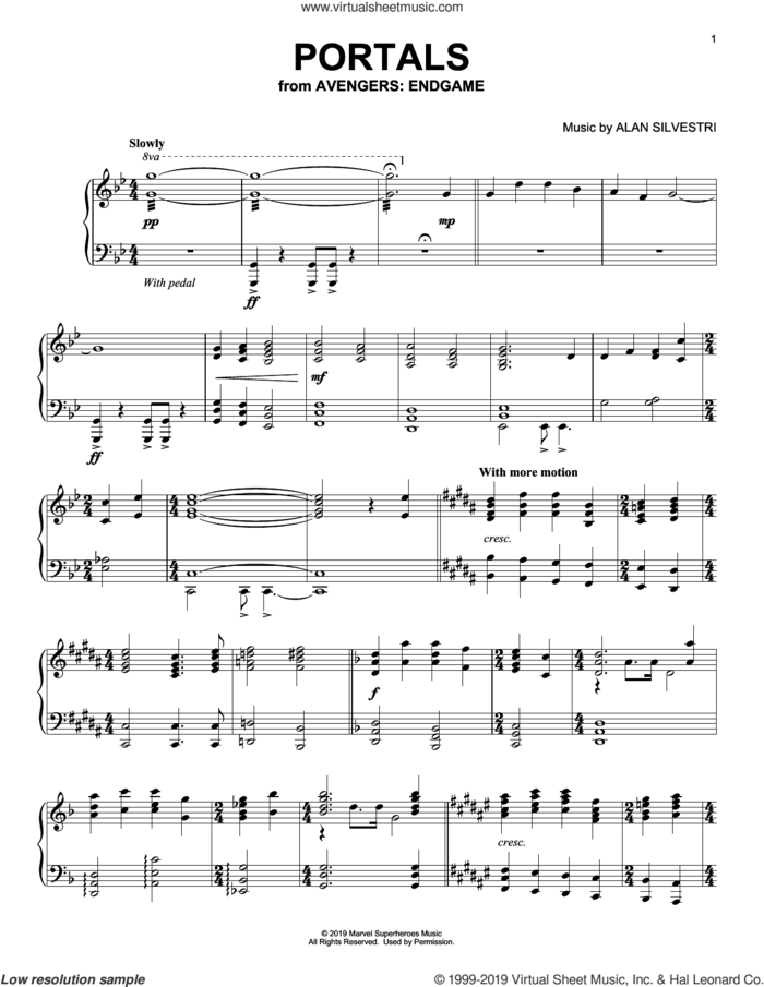 Portals (from Avengers: Endgame) sheet music for piano solo by Alan Silvestri, intermediate skill level