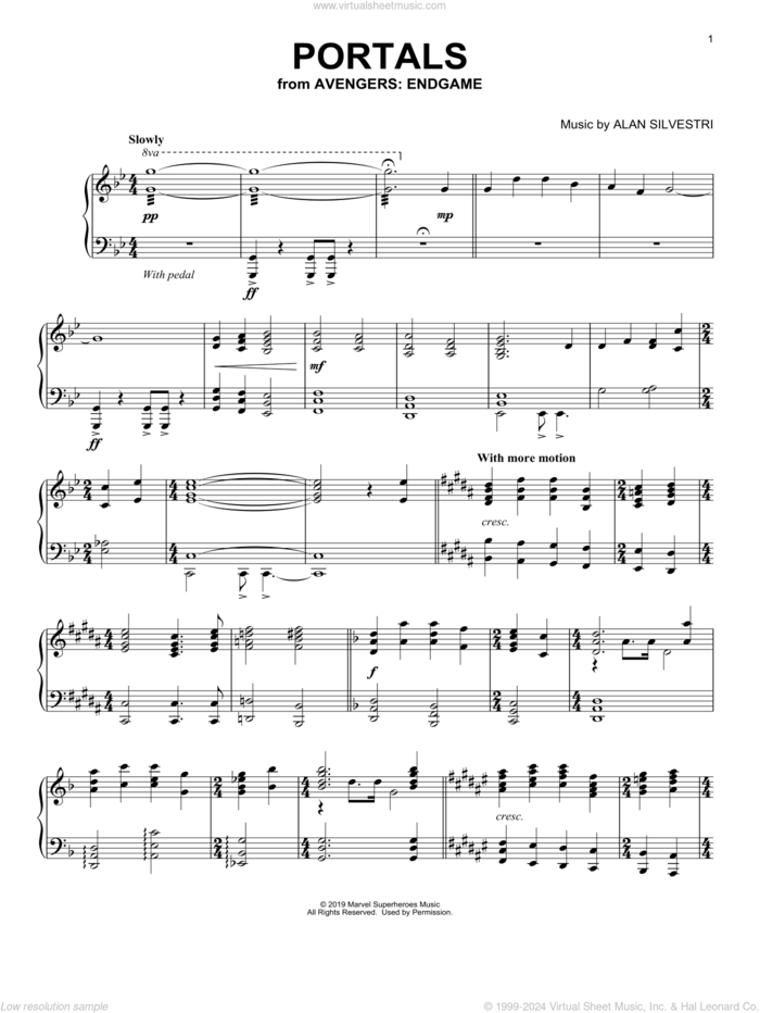 Portals (from Avengers: Endgame) sheet music for piano solo by Alan Silvestri, intermediate skill level