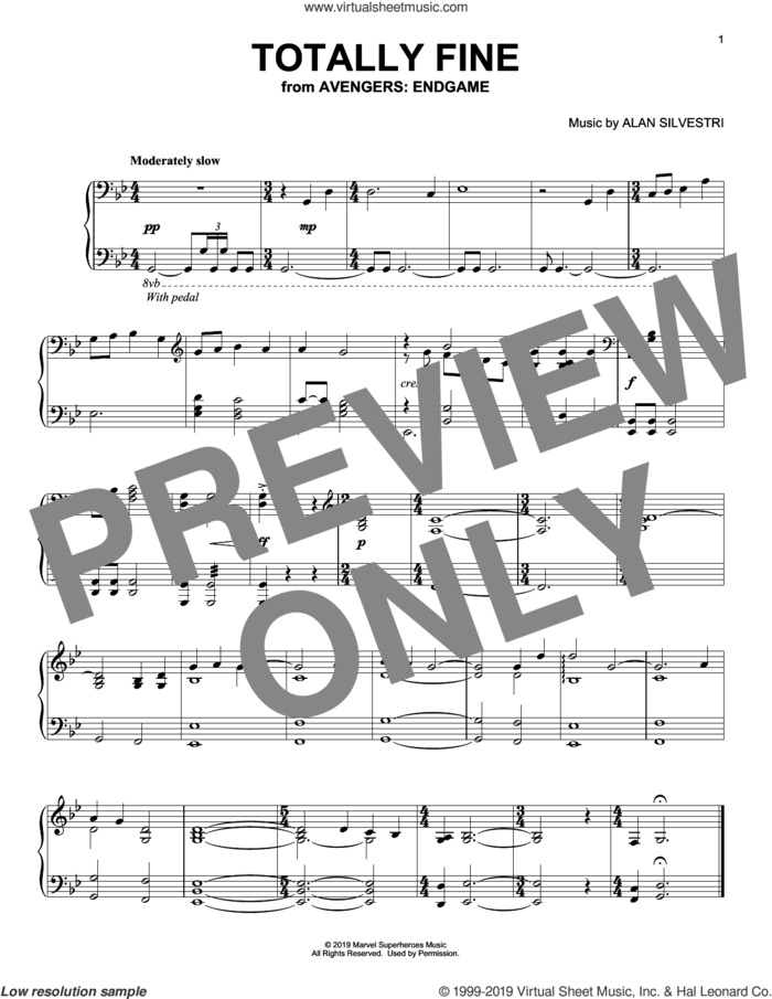 Totally Fine (from Avengers: Endgame) sheet music for piano solo by Alan Silvestri, intermediate skill level