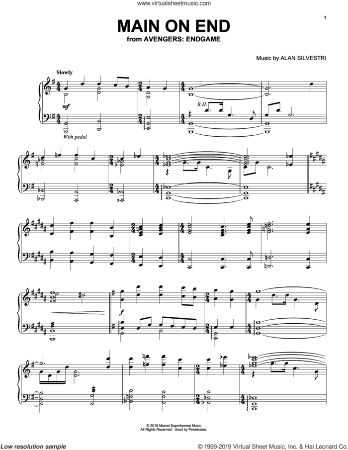 Main on End (from Avengers: Endgame) sheet music for piano solo by Alan Silvestri, intermediate skill level