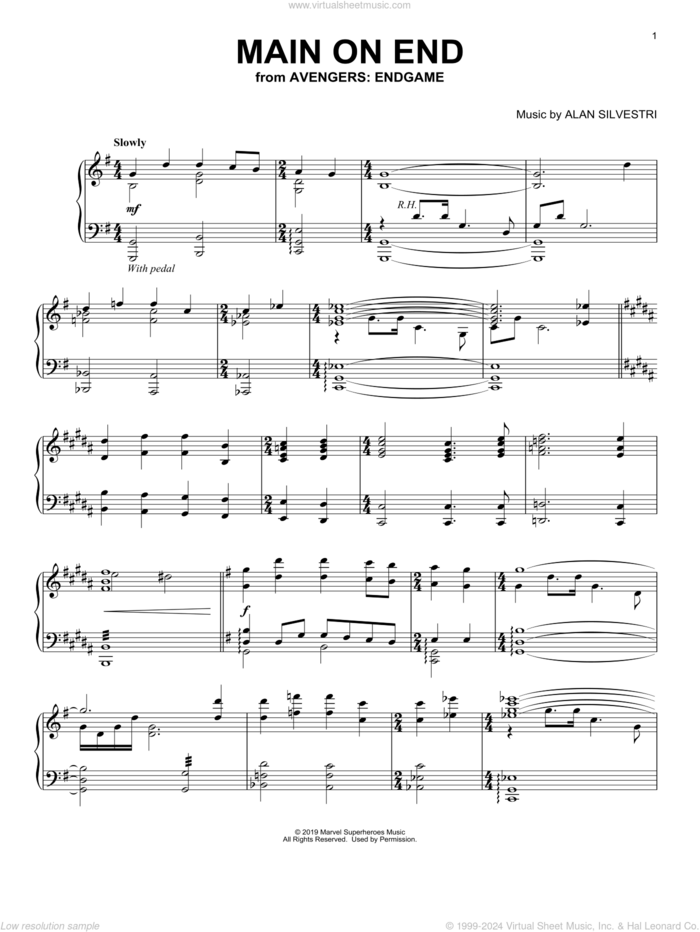 Main on End (from Avengers: Endgame) sheet music for piano solo by Alan Silvestri, intermediate skill level