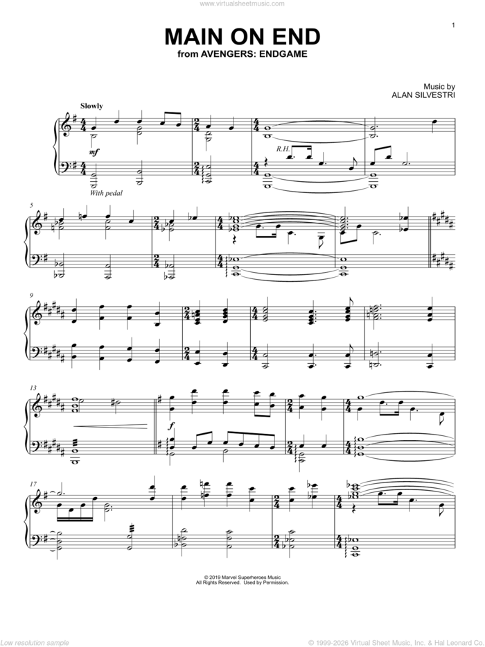 Main on End (from Avengers: Endgame) sheet music for piano solo by Alan Silvestri, intermediate skill level
