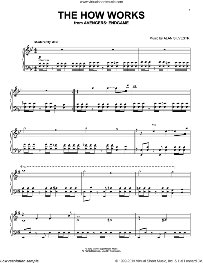 The How Works (from Avengers: Endgame) sheet music for piano solo by Alan Silvestri, intermediate skill level