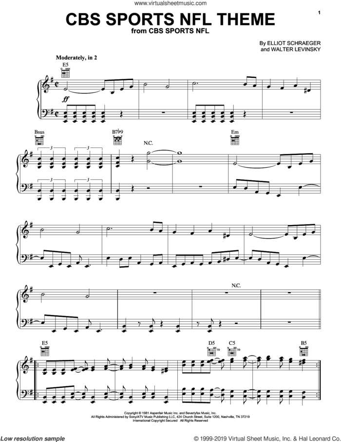 CBS Sports NFL Theme, (intermediate) sheet music for piano solo by Walter Levinsky and Elliot Schraeger, intermediate skill level