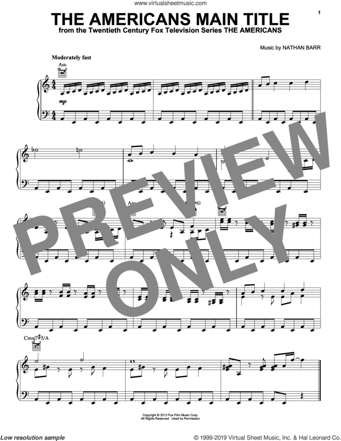The Americans Main Title, (intermediate) sheet music for piano solo by Nathan Barr, intermediate skill level