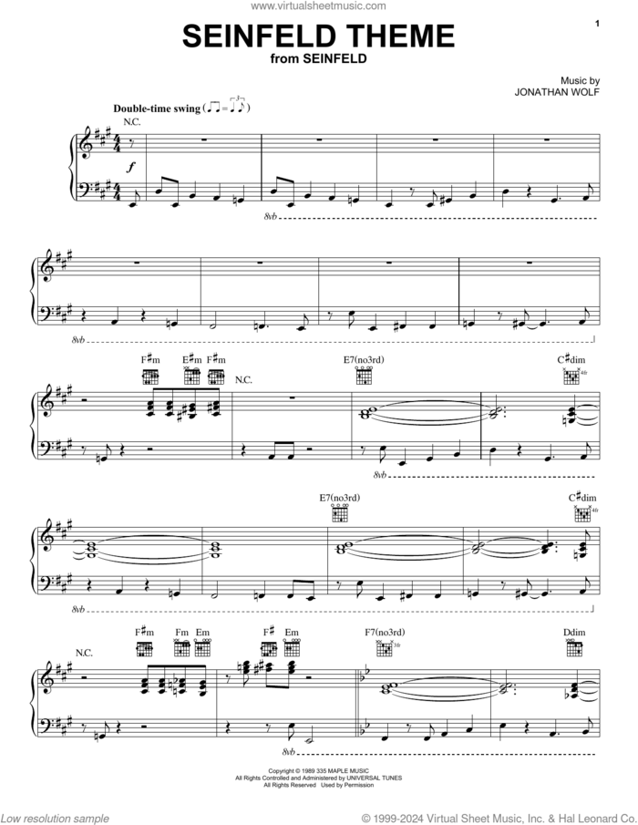 Seinfeld Theme sheet music for piano solo by Ezra Koenig and Jonathan Wolff, intermediate skill level