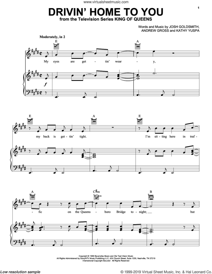 Drivin' Home To You (from King of Queens) sheet music for voice, piano or guitar by Billy Vera, Andrew Gross, Josh Goldsmith and Kathy Yuspa, intermediate skill level