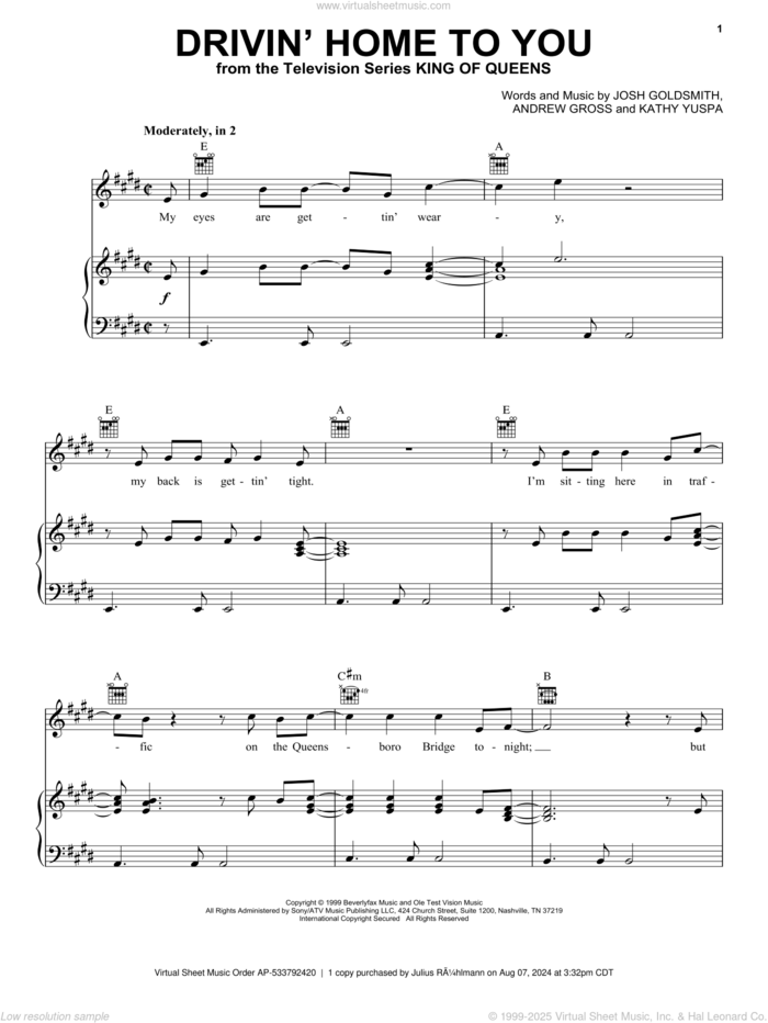 Drivin' Home To You (from King of Queens) sheet music for voice, piano or guitar by Billy Vera, Andrew Gross, Josh Goldsmith and Kathy Yuspa, intermediate skill level