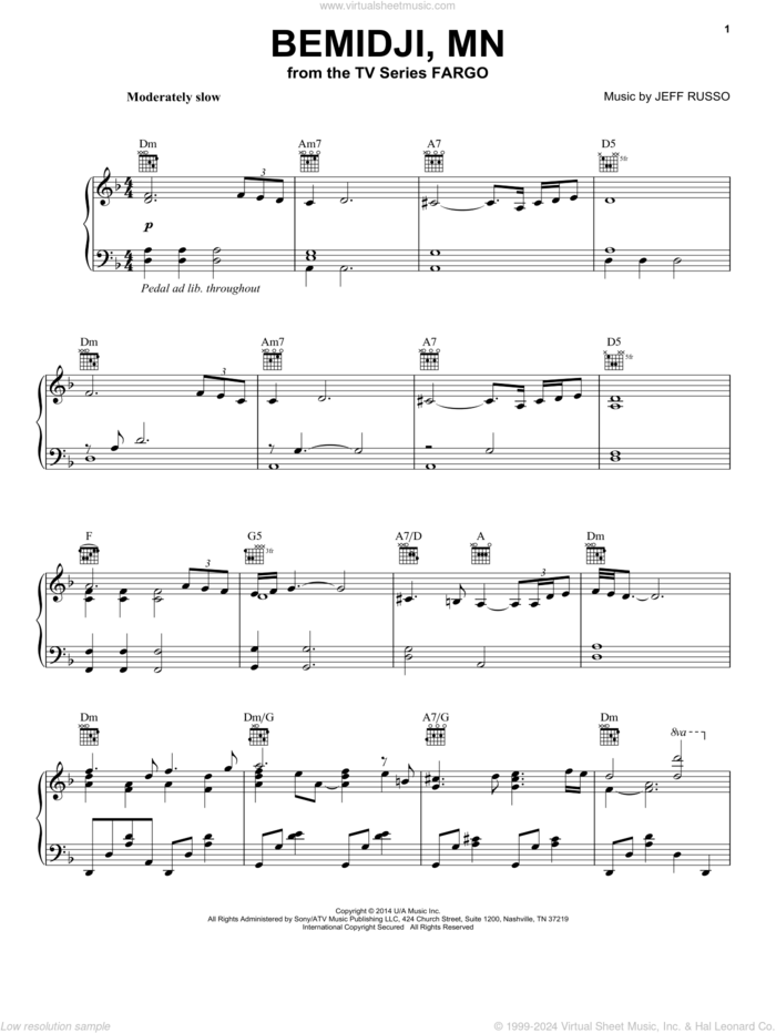 Bemidji, MN (from the TV Series 'Fargo') sheet music for piano solo by Jeff Russo, Adam Klemens and Jeff Russo and Adam Klemens, intermediate skill level