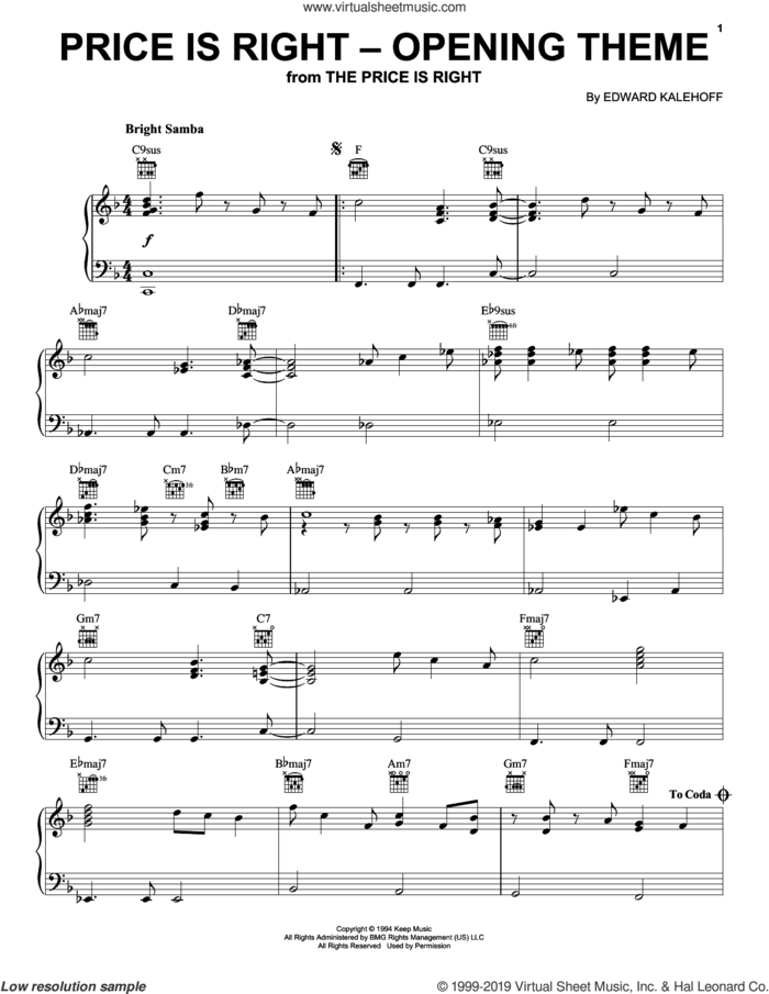 Price Is Right (Opening Theme) sheet music for piano solo by Edward Kalehoff, intermediate skill level