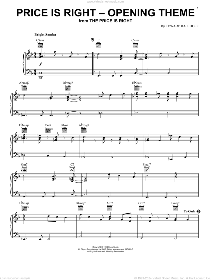 Price Is Right (Opening Theme) sheet music for piano solo by Edward Kalehoff, intermediate skill level