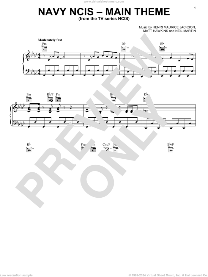 Navy NCIS (Main Theme) sheet music for piano solo by Numeriklab, Henri Maurice Jackson, Matt Hawkins and Neil Martin, intermediate skill level