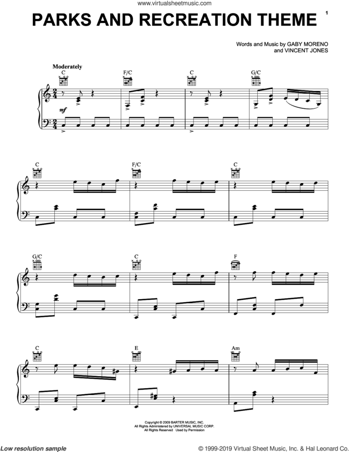 Parks And Recreation Theme, (intermediate) sheet music for piano solo by Gaby Moreno and Vincent Jones, Gaby Moreno and Vincent Jones, intermediate skill level