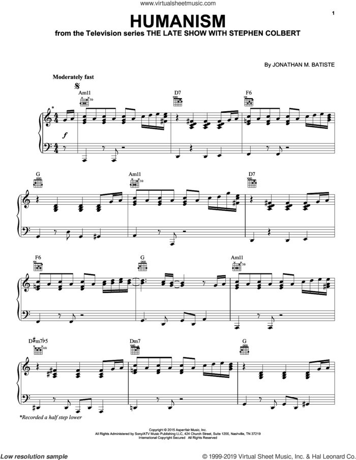 Humanism (from The Late Show with Stephen Colbert) sheet music for piano solo by Jon Batiste and Jonathan M. Batiste, intermediate skill level