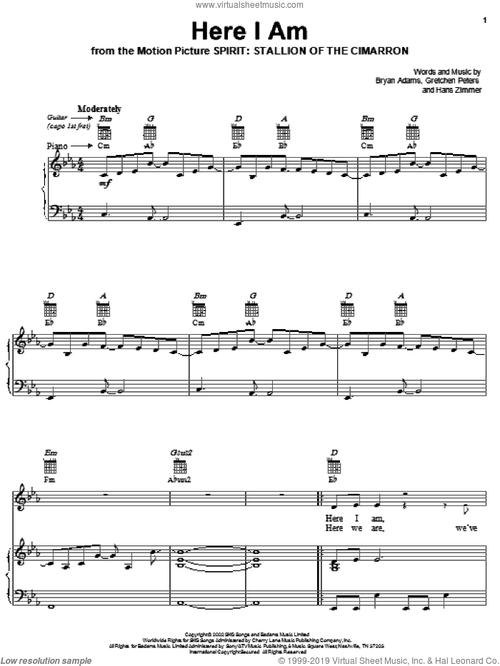 Here I Am (End Title) sheet music for voice, piano or guitar by Bryan Adams, Spirit: Stallion Of The Cimarron (Movie), Gretchen Peters and Hans Zimmer, intermediate skill level