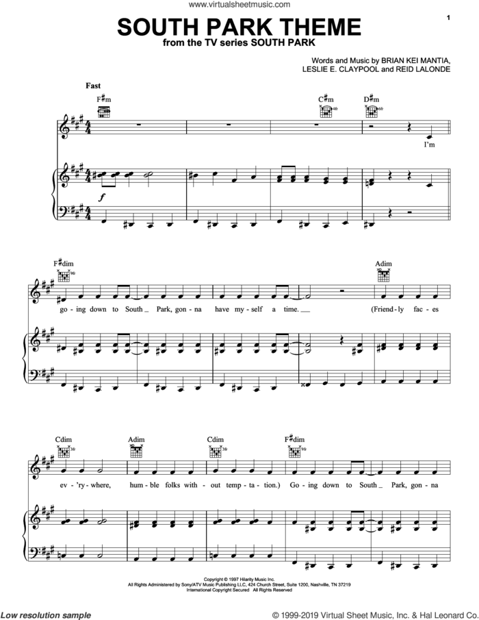 South Park Theme sheet music for voice, piano or guitar by Primus, Bryan Kei Mantia, Leslie E. Claypool and Reid Lalonde, intermediate skill level