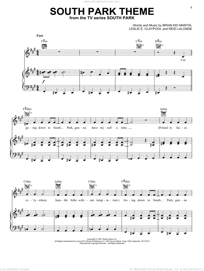 South Park Theme sheet music for voice, piano or guitar by Primus, Bryan Kei Mantia, Leslie E. Claypool and Reid Lalonde, intermediate skill level