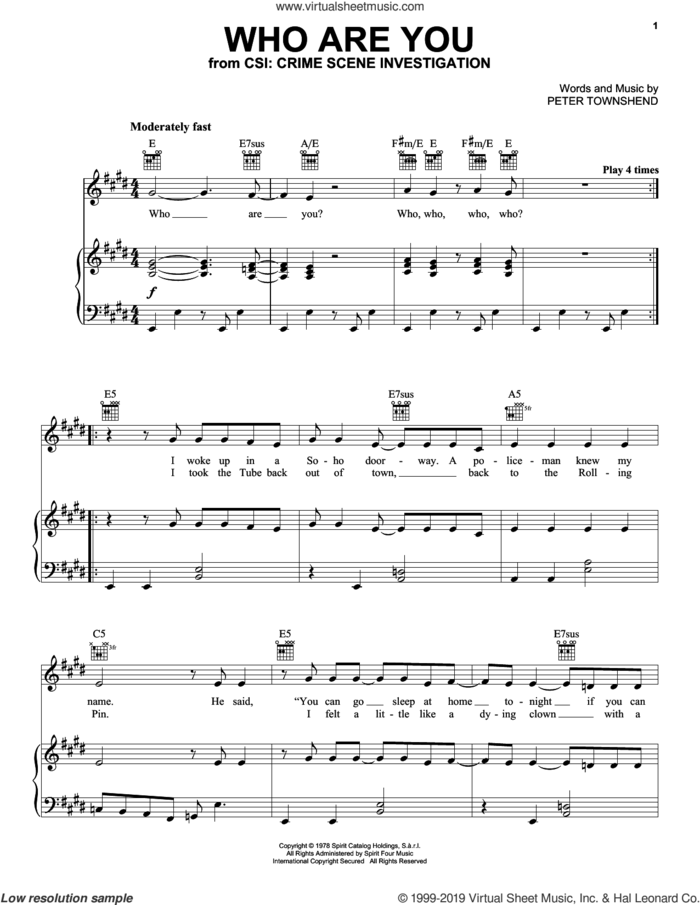 Who Are You (from CSI: Crime Scene Investigation) sheet music for voice, piano or guitar by The Who and Pete Townshend, intermediate skill level