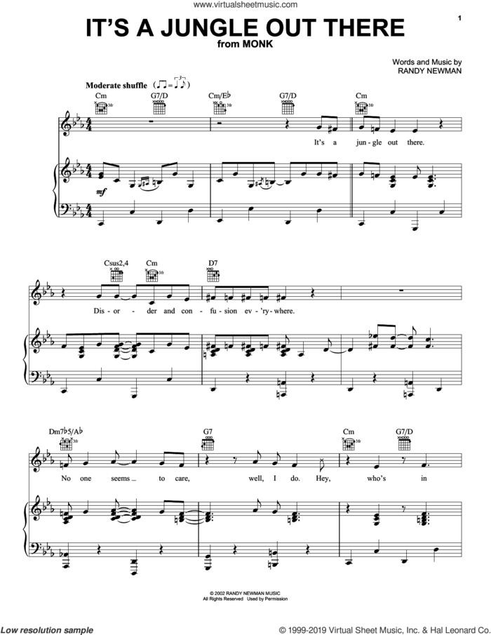 It's A Jungle Out There (from Monk) sheet music for voice, piano or guitar by Randy Newman, intermediate skill level
