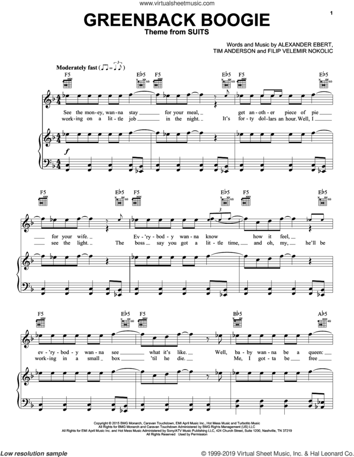 Greenback Boogie (Theme from Suits) sheet music for voice, piano or guitar by Ima Robot, Alexander Ebert, Filip Velemir Nikolic and Tim Anderson, intermediate skill level