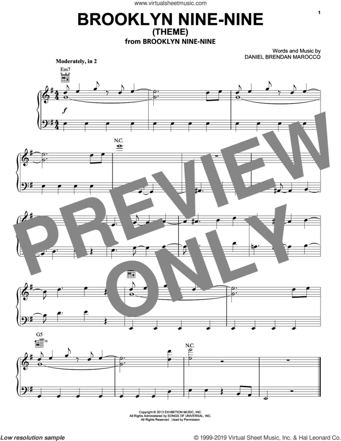 Brooklyn Nine-Nine (Theme) sheet music for piano solo by Stuart Petty and Daniel Brendan Marocco, intermediate skill level