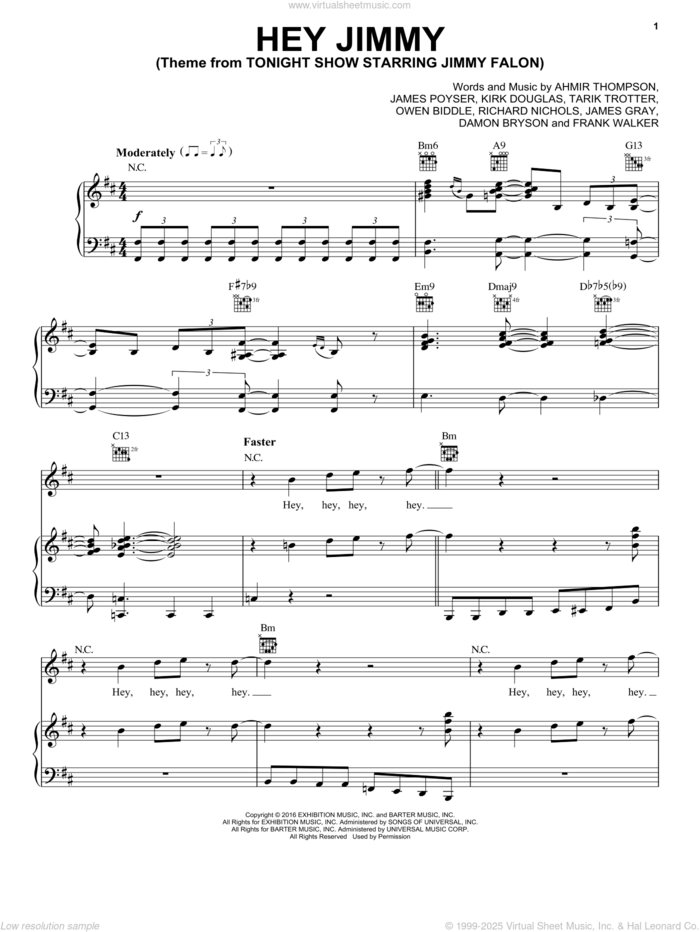 Hey Jimmy (Theme from Tonight Show Starring Jimmy Fallon) sheet music for voice, piano or guitar by The Roots, Ahmir Thompson, Damon Bryson, Frank Walker, James Gray, James Poyser, Kirk Douglas, Owen Biddle, Richard Nichols and Tarik Trotter, intermediate skill level