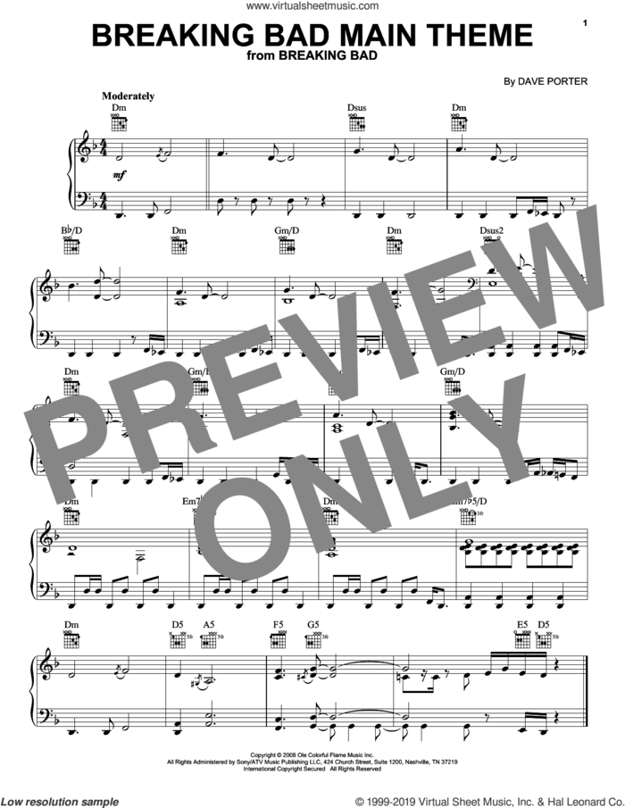 Breaking Bad Main Theme sheet music for piano solo by Dave Porter, intermediate skill level