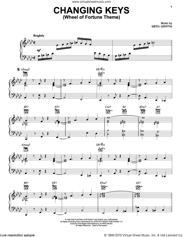 Changing Keys (Wheel Of Fortune Theme), (intermediate) sheet music for piano solo by Merv Griffin, intermediate skill level