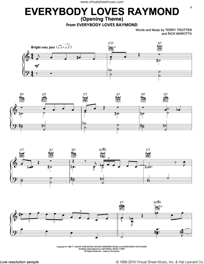 Everybody Loves Raymond (Opening Theme) sheet music for piano solo by Rick Marotta and Terry Trotter, Rick Marotta and Terry Trotter, intermediate skill level