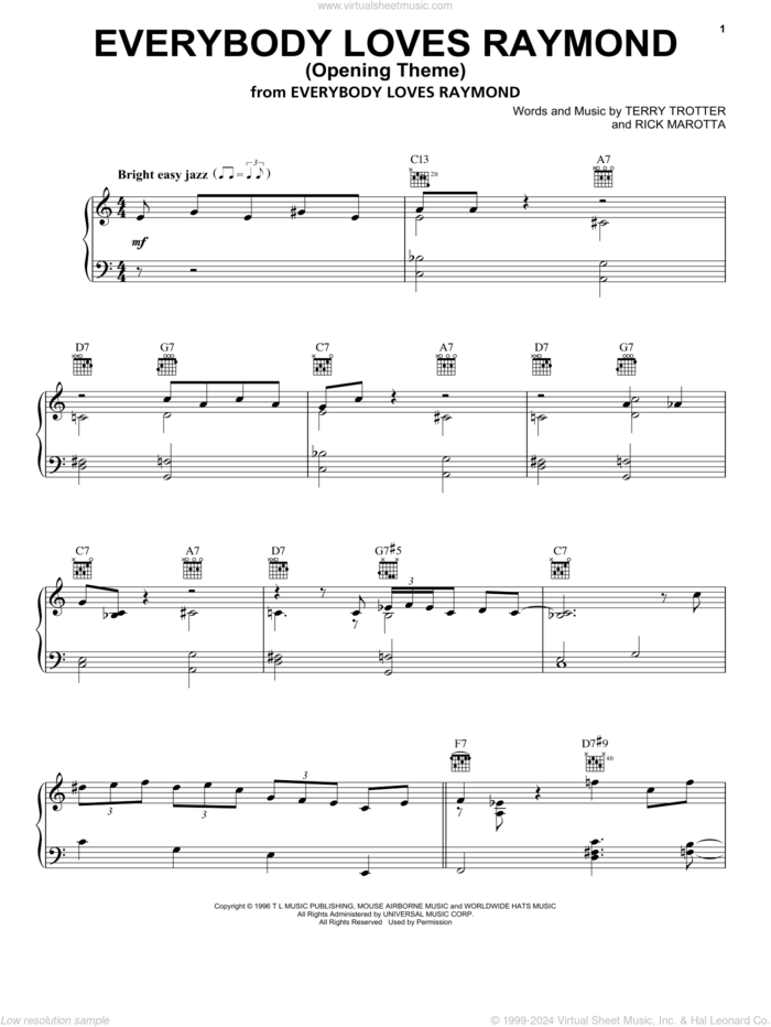 Everybody Loves Raymond (Opening Theme) sheet music for piano solo by Rick Marotta and Terry Trotter, Rick Marotta and Terry Trotter, intermediate skill level