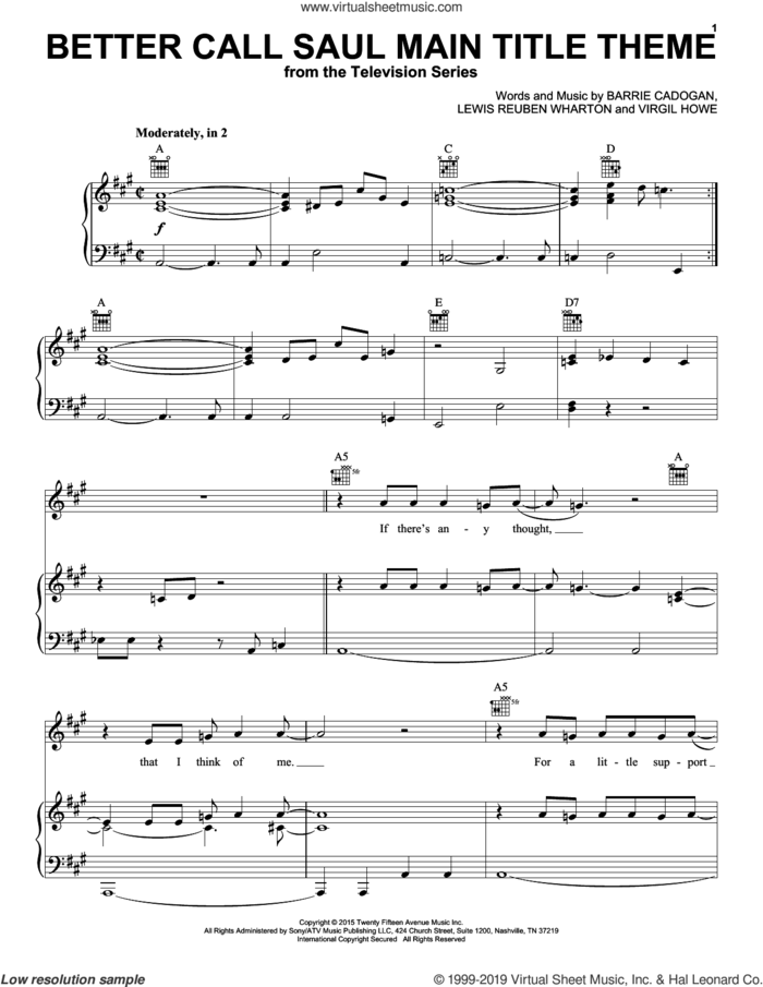 Better Call Saul Main Title Theme sheet music for voice, piano or guitar by Little Barrie, Barrie Cadogan, Lewis Reuben Wharton and Virgil Howe, intermediate skill level