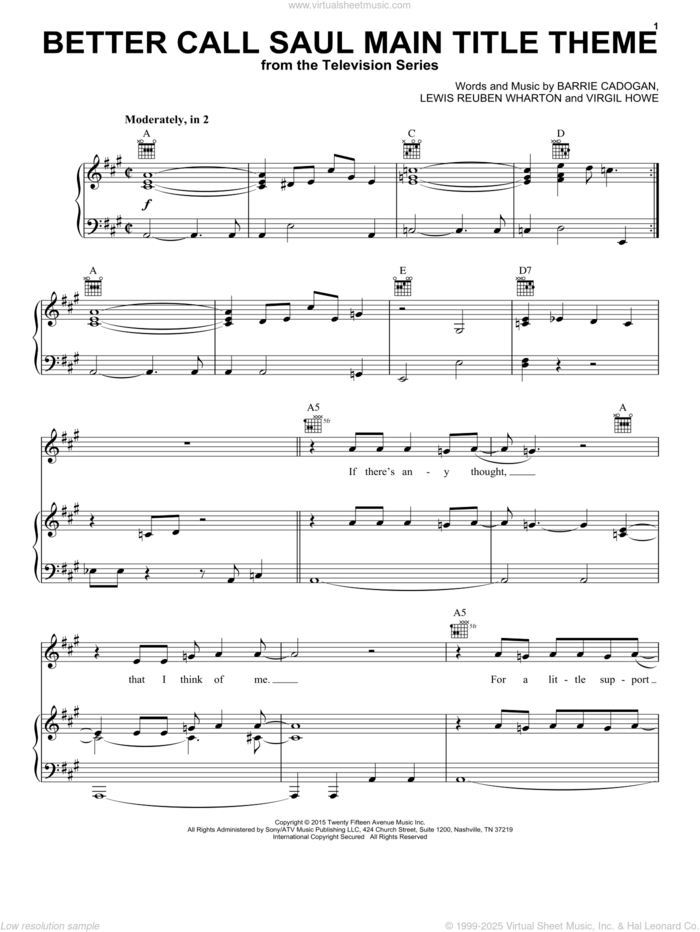 Better Call Saul Main Title Theme sheet music for voice, piano or guitar by Little Barrie, Barrie Cadogan, Lewis Reuben Wharton and Virgil Howe, intermediate skill level