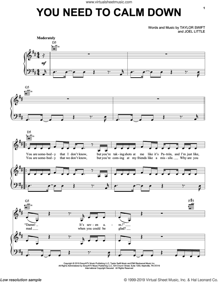 You Need To Calm Down sheet music for voice, piano or guitar by Taylor Swift and Joel Little, intermediate skill level