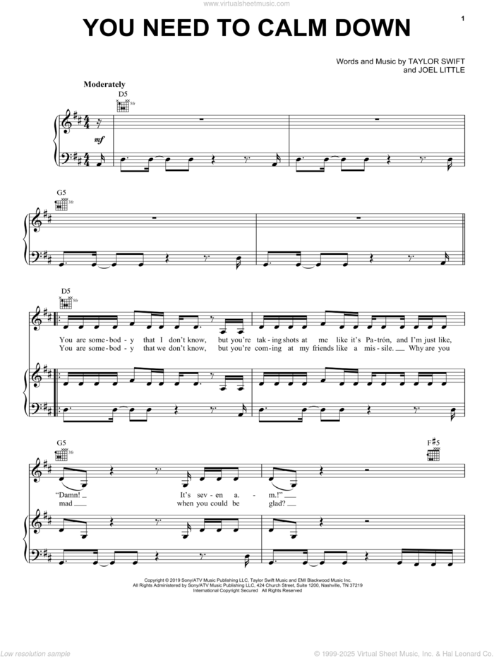 You Need To Calm Down sheet music for voice, piano or guitar by Taylor Swift and Joel Little, intermediate skill level