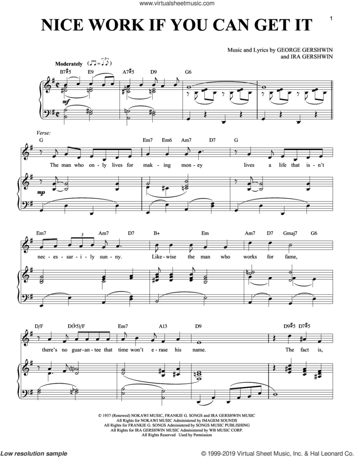 Nice Work If You Can Get It sheet music for voice and piano by George Gershwin, Frank Sinatra, Richard Walters and Ira Gershwin, intermediate skill level