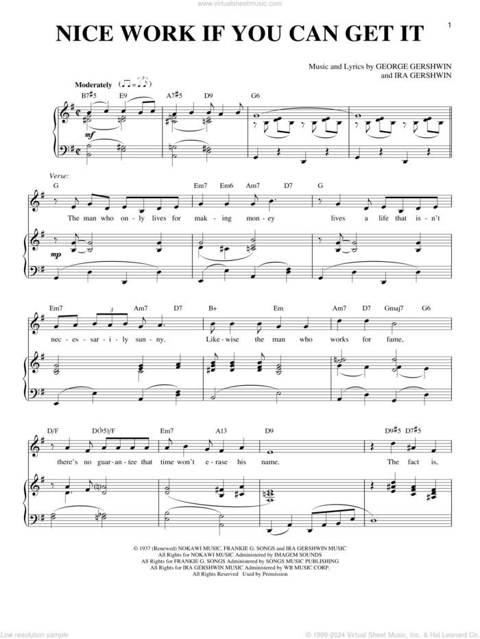 Nice Work If You Can Get It sheet music for voice and piano by George Gershwin, Frank Sinatra, Richard Walters and Ira Gershwin, intermediate skill level