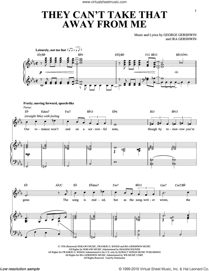 They Can't Take That Away From Me (from An American In Paris) sheet music for voice and piano by George Gershwin, Frank Sinatra, Richard Walters and Ira Gershwin, intermediate skill level