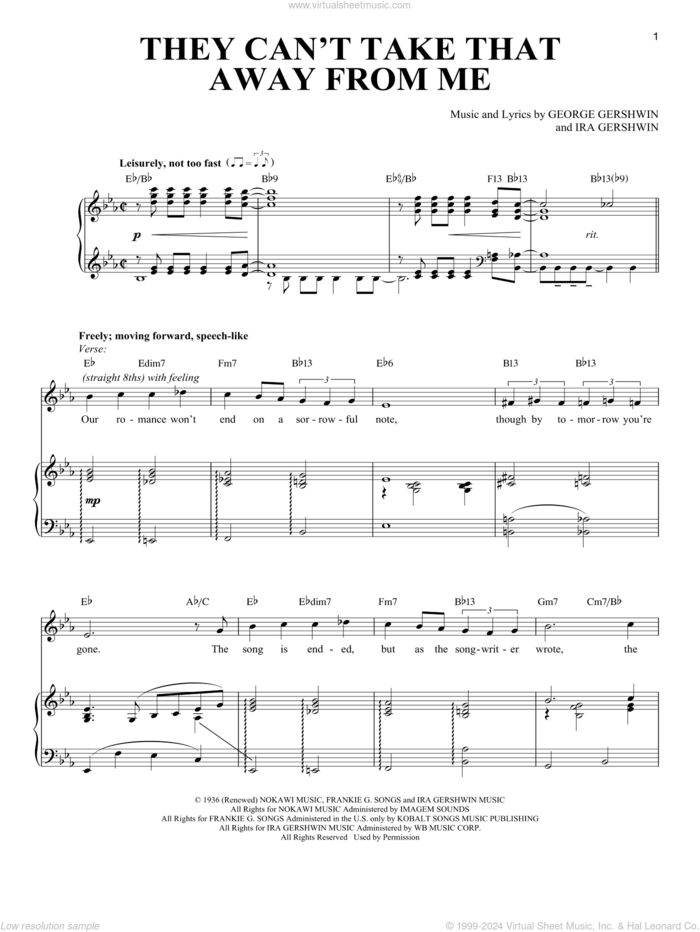 They Can't Take That Away From Me (from An American In Paris) sheet music for voice and piano by George Gershwin, Frank Sinatra, Richard Walters and Ira Gershwin, intermediate skill level