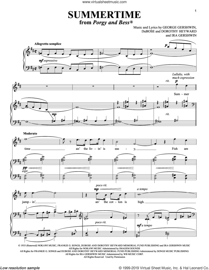 Summertime sheet music for voice and piano (Soprano) by George Gershwin, Richard Walters, Dorothy Heyward, DuBose Heyward and Ira Gershwin, intermediate skill level