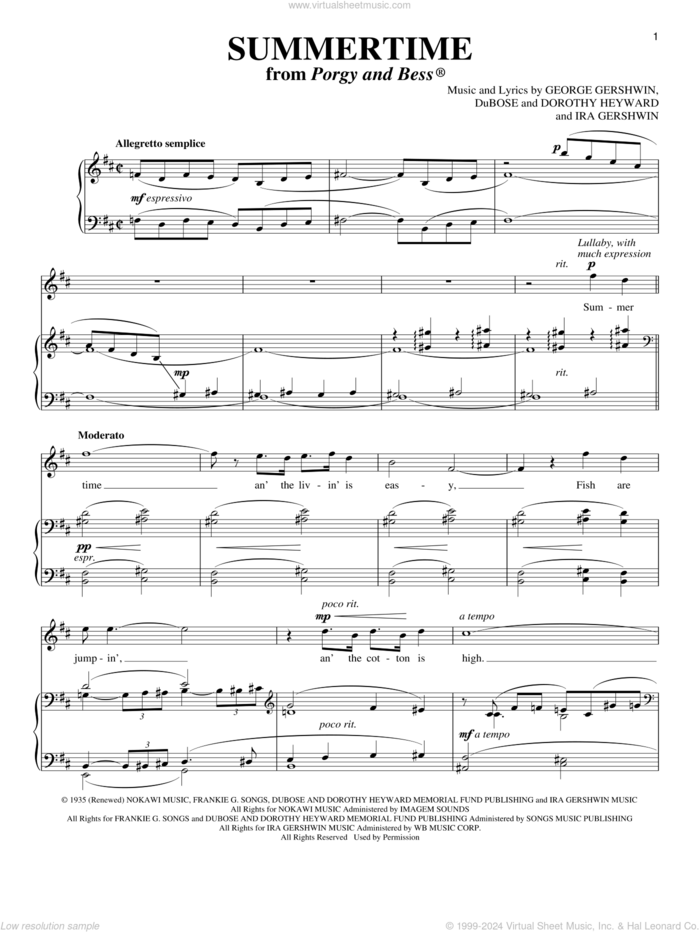 Summertime sheet music for voice and piano (Soprano) by George Gershwin, Richard Walters, Dorothy Heyward, DuBose Heyward and Ira Gershwin, intermediate skill level