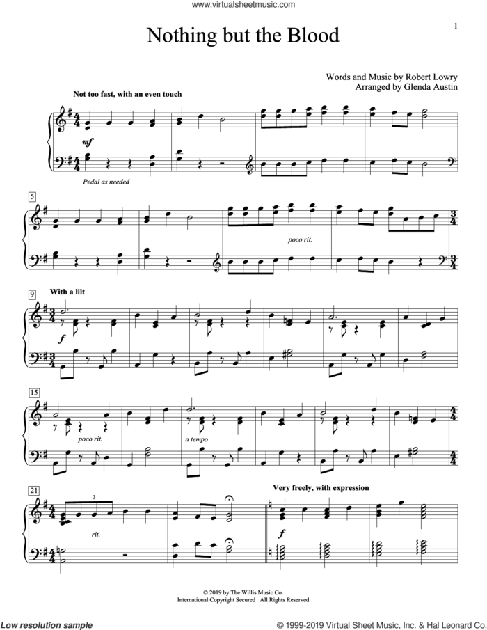 Nothing But The Blood (arr. Glenda Austin) sheet music for piano solo (elementary) by Robert Lowry and Glenda Austin, beginner piano (elementary)